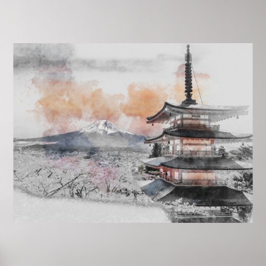 水彩画の日本のお寺と富士山 ポスター (正面)