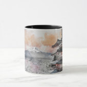 水彩画の日本のお寺と富士山 マグカップ (中央)