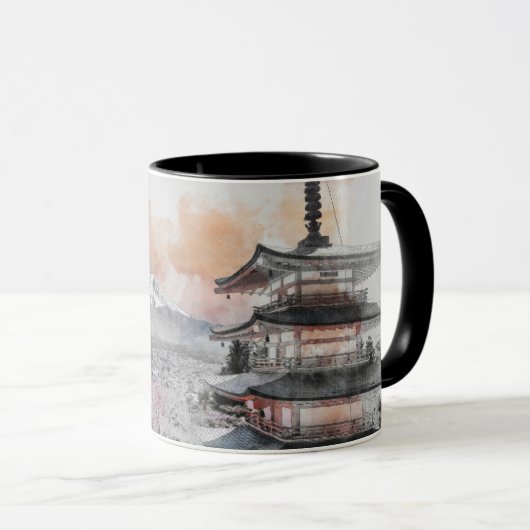 水彩画の日本のお寺と富士山 マグカップ (正面右)
