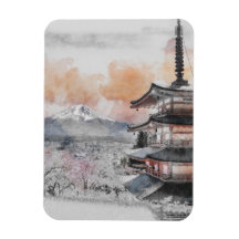 水彩画の日本のお寺と富士山