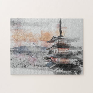 水彩画の日本の塔と富士山の風景 ジグソーパズル