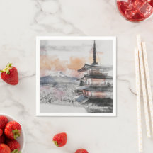 水彩画の日本の塔と富士山の風景