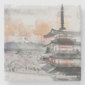 水彩画の日本の塔と富士山 ストーンコースター (正面)