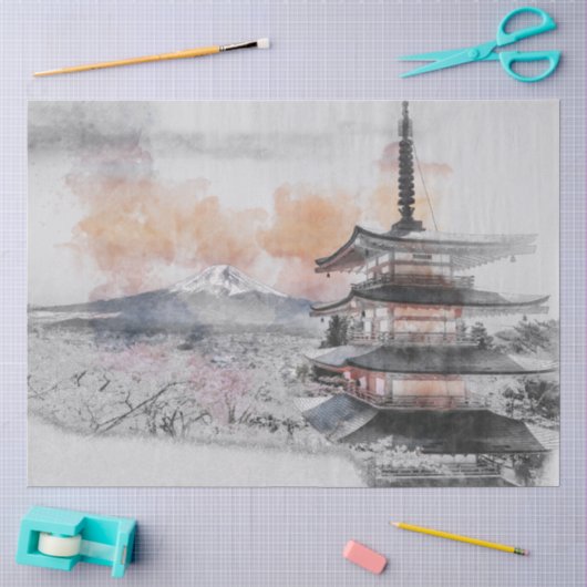 水彩画の日本の塔と富士山 薄葉紙 (クラフト)