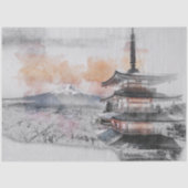 水彩画の日本の塔と富士山 薄葉紙 (正面)