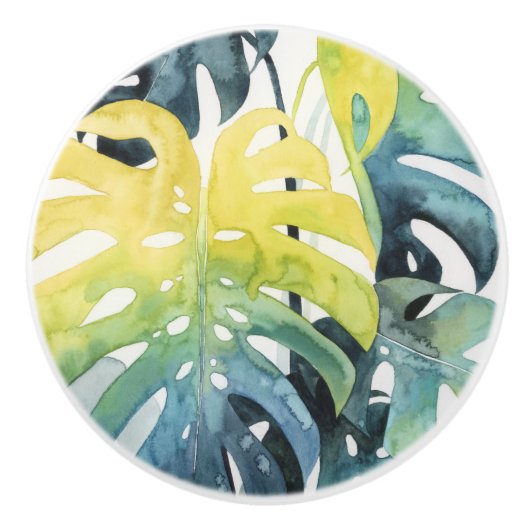 水彩画の日没のヤシの木の葉 セラミックノブ (正面)