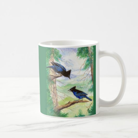 水彩画の星鳥2羽と森の木々 コーヒーマグカップ (右)
