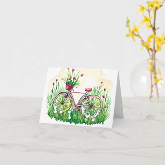 水彩画の春の花模様の自転車 カスタマイズ可能 カード (黄色い花)