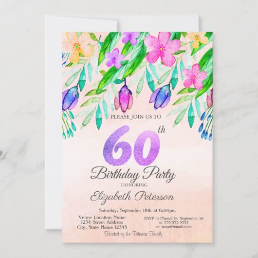 水彩画の春の花 60歳の誕生日 招待状 (正面)