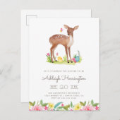 水彩画の春草原によってはシカのベビーシャワーが開花します インビテーションポストカード (正面/裏面)