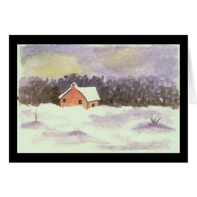 水彩画の景色の芸術少し家の冬の雪 (正面横)
