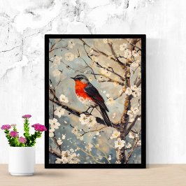 水彩画の木に止まる花と鳥 白い花 ポスター