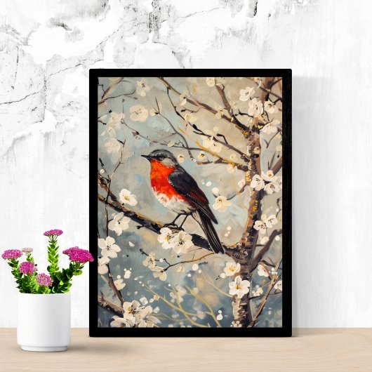 水彩画の木に止まる花と鳥 白い花 ポスター