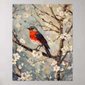 水彩画の木に止まる花と鳥 白い花 ポスター (正面)