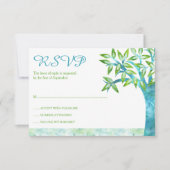 水彩画の木のティール（緑がかった色）の緑バルミツワーRSVP 出欠カード (正面)