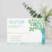 水彩画の木のティール（緑がかった色）の緑バルミツワーRSVP 出欠カード (スタンド正面)
