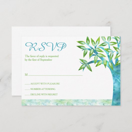 水彩画の木のティール（緑がかった色）の緑バルミツワーRSVP 出欠カード (正面/裏面)