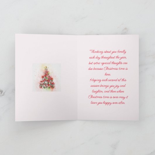 水彩画の木の娘と家族のクリスマスカード サンキューカード (内部)