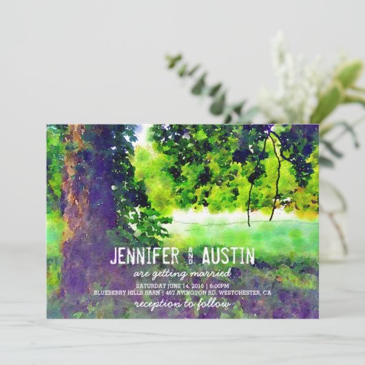 水彩画の木の屋外の結婚式招待状 招待状 (スタンド正面)