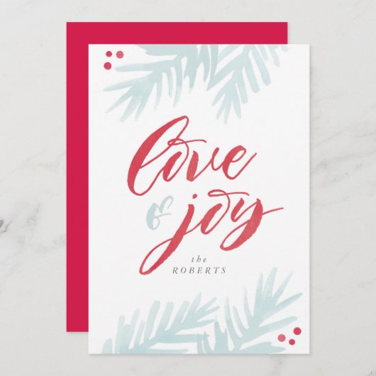 水彩画の松のブラシを使った愛と喜びのホリデーカード シーズンカード (正面/裏面)