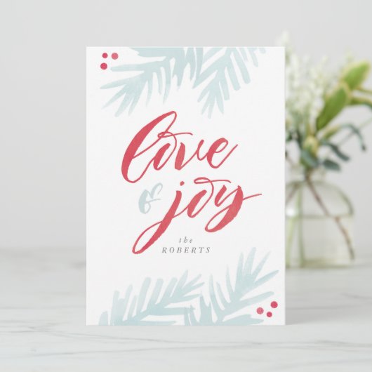 水彩画の松のブラシを使った愛と喜びのホリデーカード シーズンカード (スタンド正面)