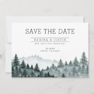 水彩画の松の木と山のSave the Date 招待状
