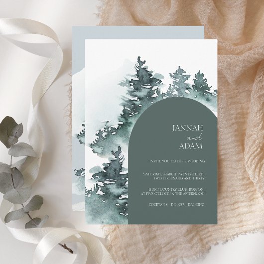 水彩画の松の木のアーチェド　冬の結婚式 招待状