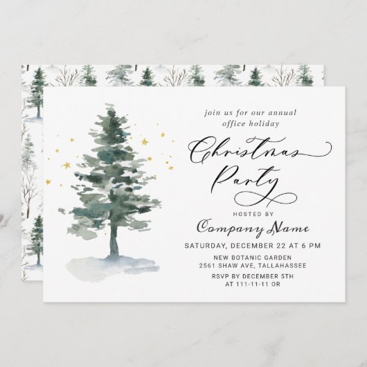 水彩画の松の木のシックなクリスマスホリデーパーティー 招待状 (正面/裏面)