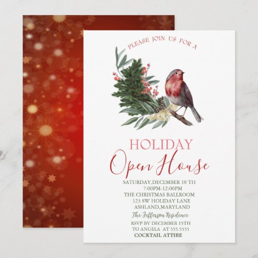 水彩画の松の枝とカーディナル オープンハウス 招待状 (正面/裏面)