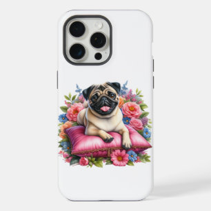 水彩画の枕の上のパグの犬と花 iPhone 15 PRO MAXケース