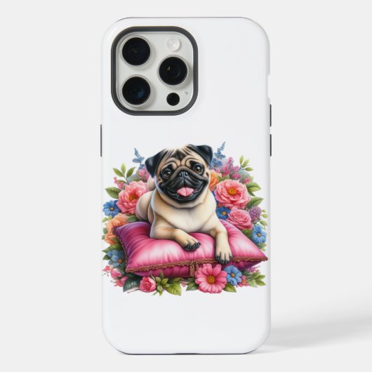 水彩画の枕の上のパグの犬と花 iPhoneケース (裏面)
