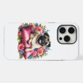 水彩画の枕の上のパグの犬と花 iPhoneケース (裏面横)