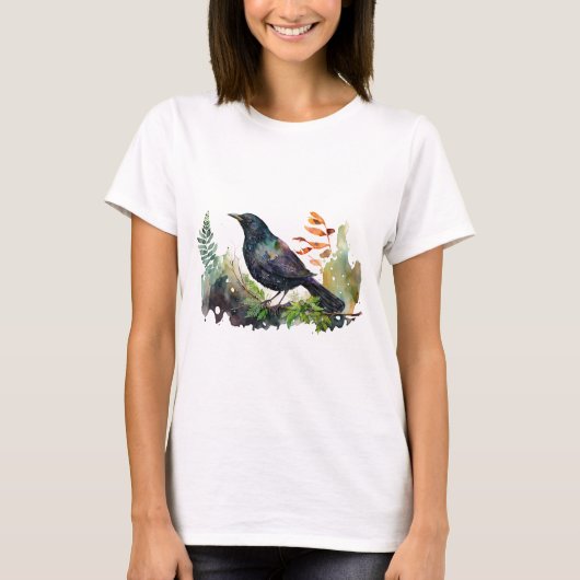 水彩画の枝に止まるヒメクロムクドリ Tシャツ (正面)