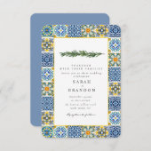 水彩画の柑橘の地中海ブルータイルの結婚式 招待状 (正面/裏面)