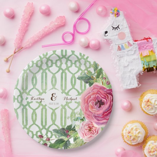 水彩画の格子垣の花柄のばら色のシャクヤクのブライダルシャワー ペーパープレート (パーティー)