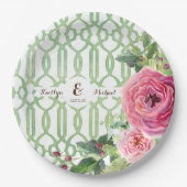 水彩画の格子垣の花柄のばら色のシャクヤクのブライダルシャワー ペーパープレート (正面)