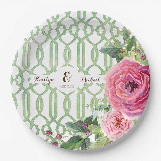 水彩画の格子垣の花柄のばら色のシャクヤクのブライダルシャワー ペーパープレート (正面)