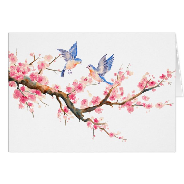 水彩画の桜および青い鳥 (正面横)