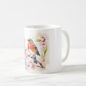 水彩画の桜の枝に止まるコマドリ コーヒーマグカップ (正面右)
