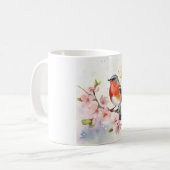 水彩画の桜の枝に止まるコマドリ コーヒーマグカップ (正面左)
