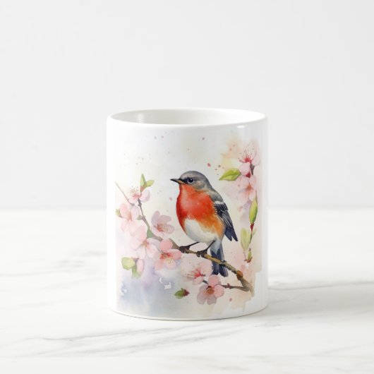 水彩画の桜の枝に止まるコマドリ コーヒーマグカップ (中央)