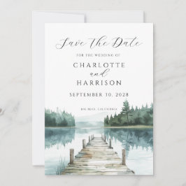 水彩画の森と山湖のSave the Date セーブザデート