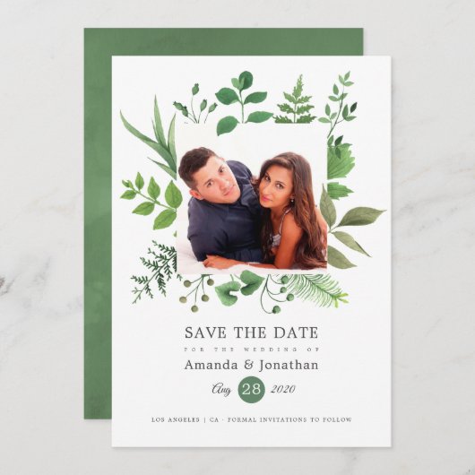 水彩画の森の写真 ウェディング セーブザデート (正面/裏面)