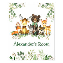 水彩画の森の動物たち　リボンと緑の葉