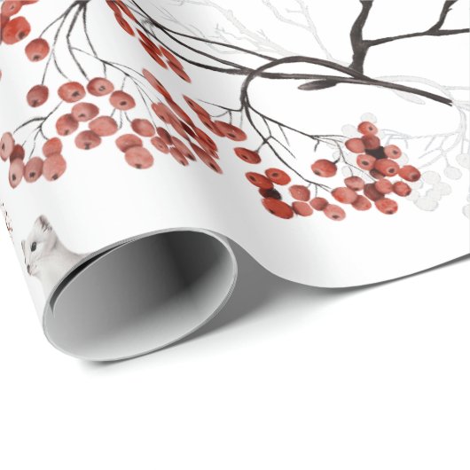 水彩画の森の実と動物のクリスマス ラッピングペーパー (ロールコーナー)