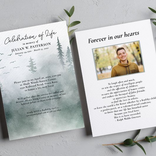 水彩画の森の松の木 お別れ会の記念 招待状