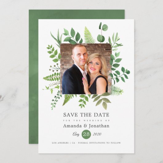水彩画の森の緑に囲まれたウッドランドのウェディング セーブザデート (正面/裏面)