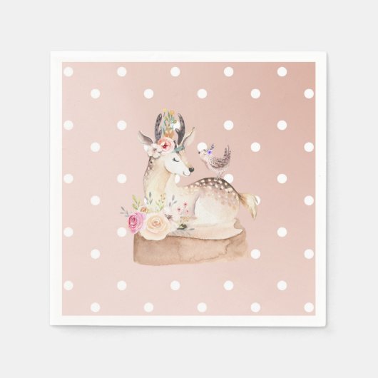 水彩画の森の鹿と鳥のベビーシャワー スタンダードカクテルナプキン (正面)