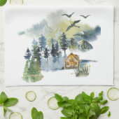水彩画の森林の風景 キッチンタオル (折り畳み)