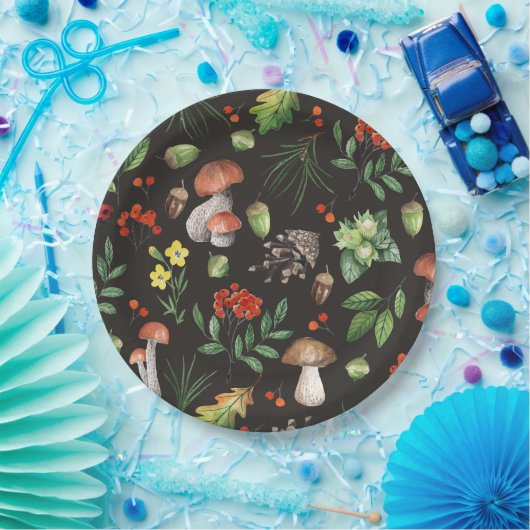 水彩画の森林はきのこに花を|去ります ペーパープレート (パーティー)